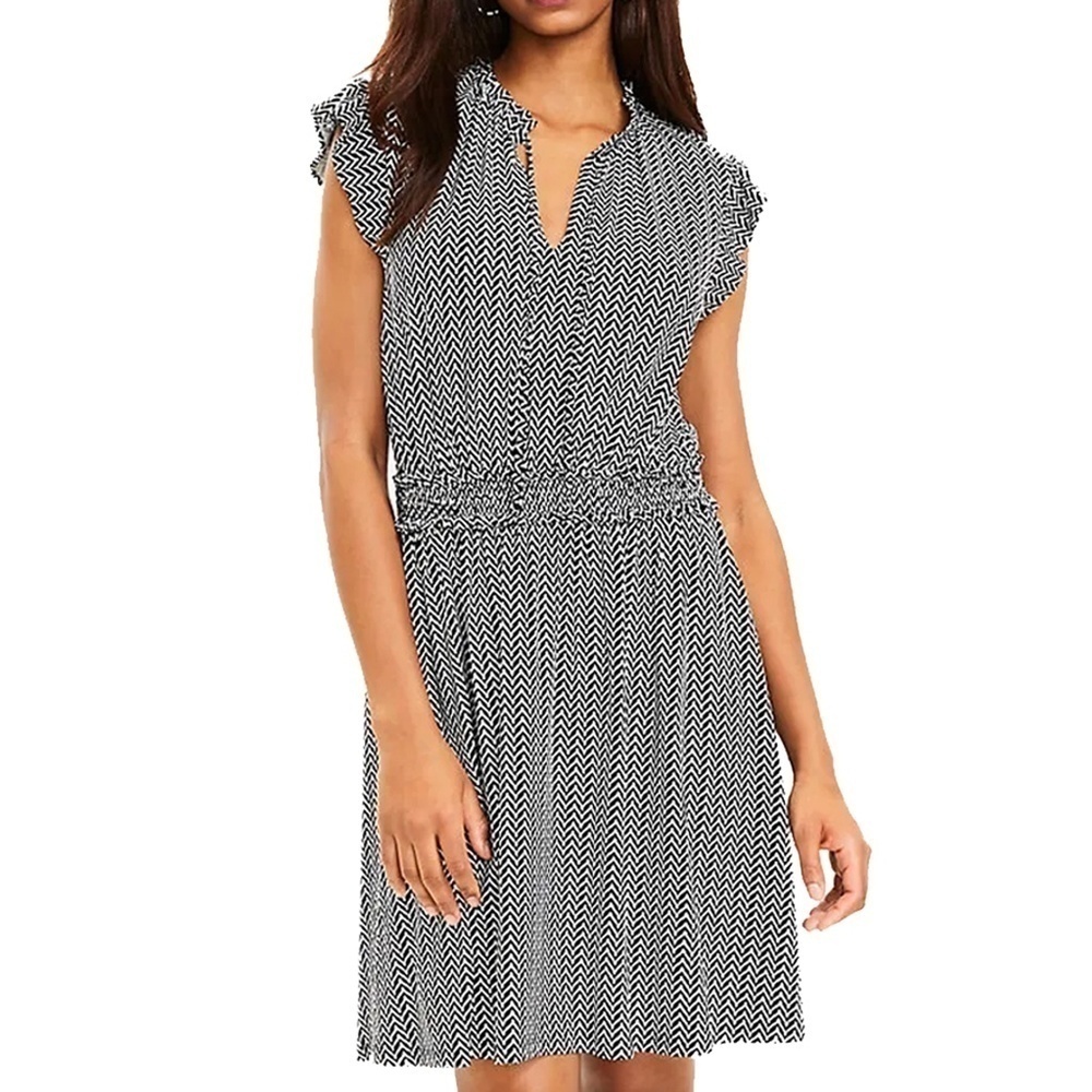 LOFT Dress Rayon Geo Ruffle Flutter Cap Sleeve Smocked Shirred Keyhole Neck S-M